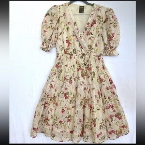 Taylor Dress Womens Sz L Floral Tiered Puff sleeves Crochet trim Elastic Waist